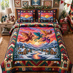 Sunset Dragon Journey quilted 3-piece bedding set on a made bed with two matching pillow shams