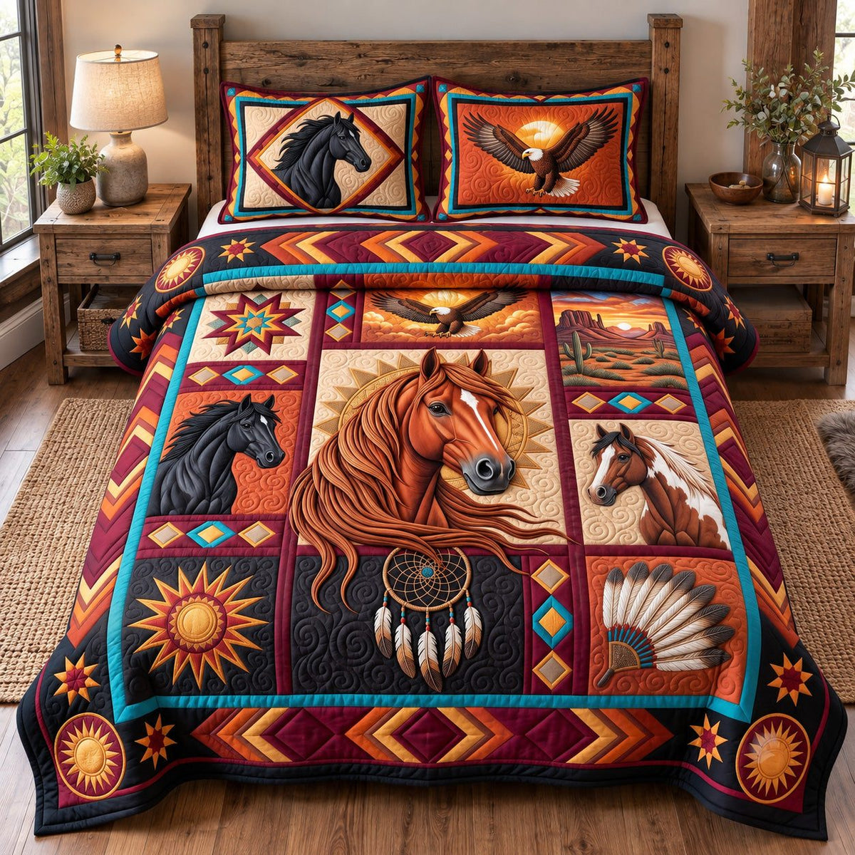 Sunset Eagle Tribal Horse quilted 3-piece bedding set on a made bed in a warmly lit bedroom