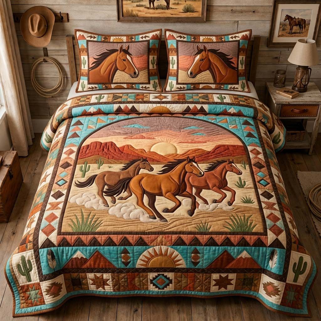 Sunset Horse Trail quilted 3-piece bedding set on a made bed in a rustic timber bedroom