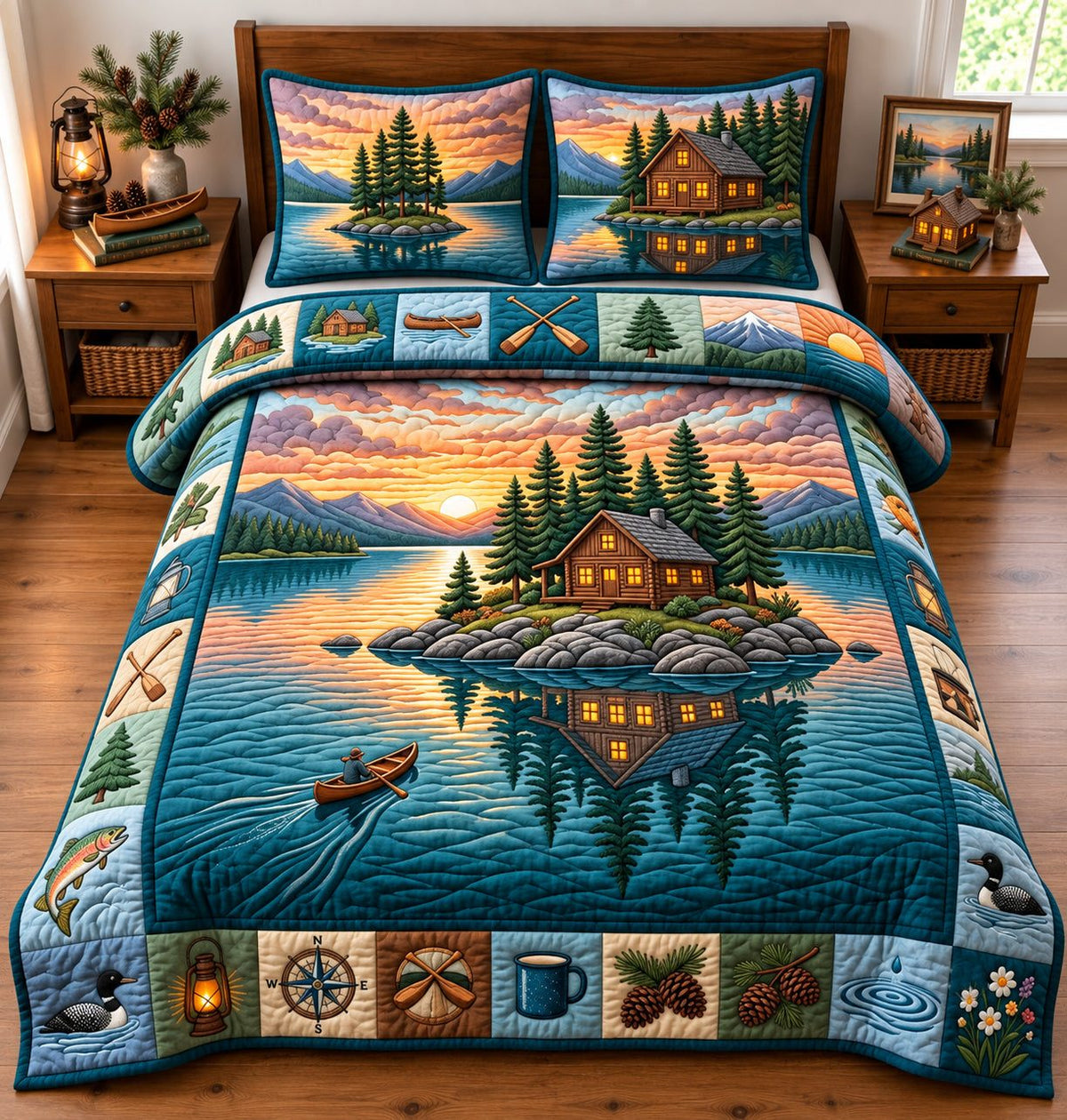 Sunset Lake quilted 3-piece bedding set on a made bed with two matching pillow shams