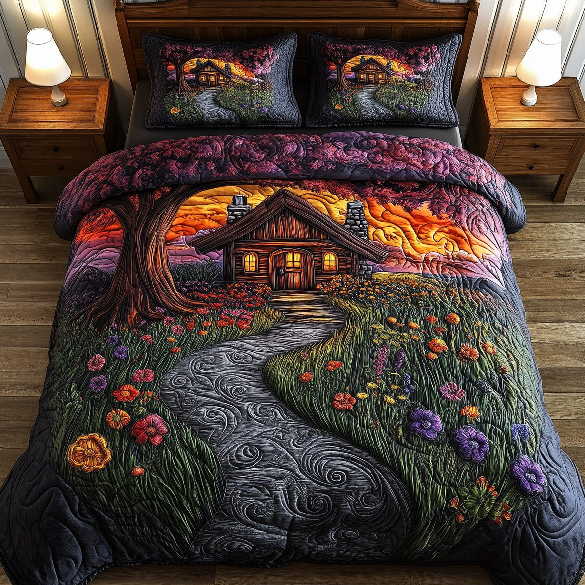 Sunset Serenity Homestead Night quilted 3-piece bedding set on a made bed in a rustic timber bedroom