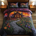 Sunset Serenity Homestead Night quilted 3-piece bedding set on a made bed in a rustic timber bedroom