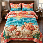 Sunset Turtle Family quilted 3-piece bedding set on a made bed in a light coastal bedroom