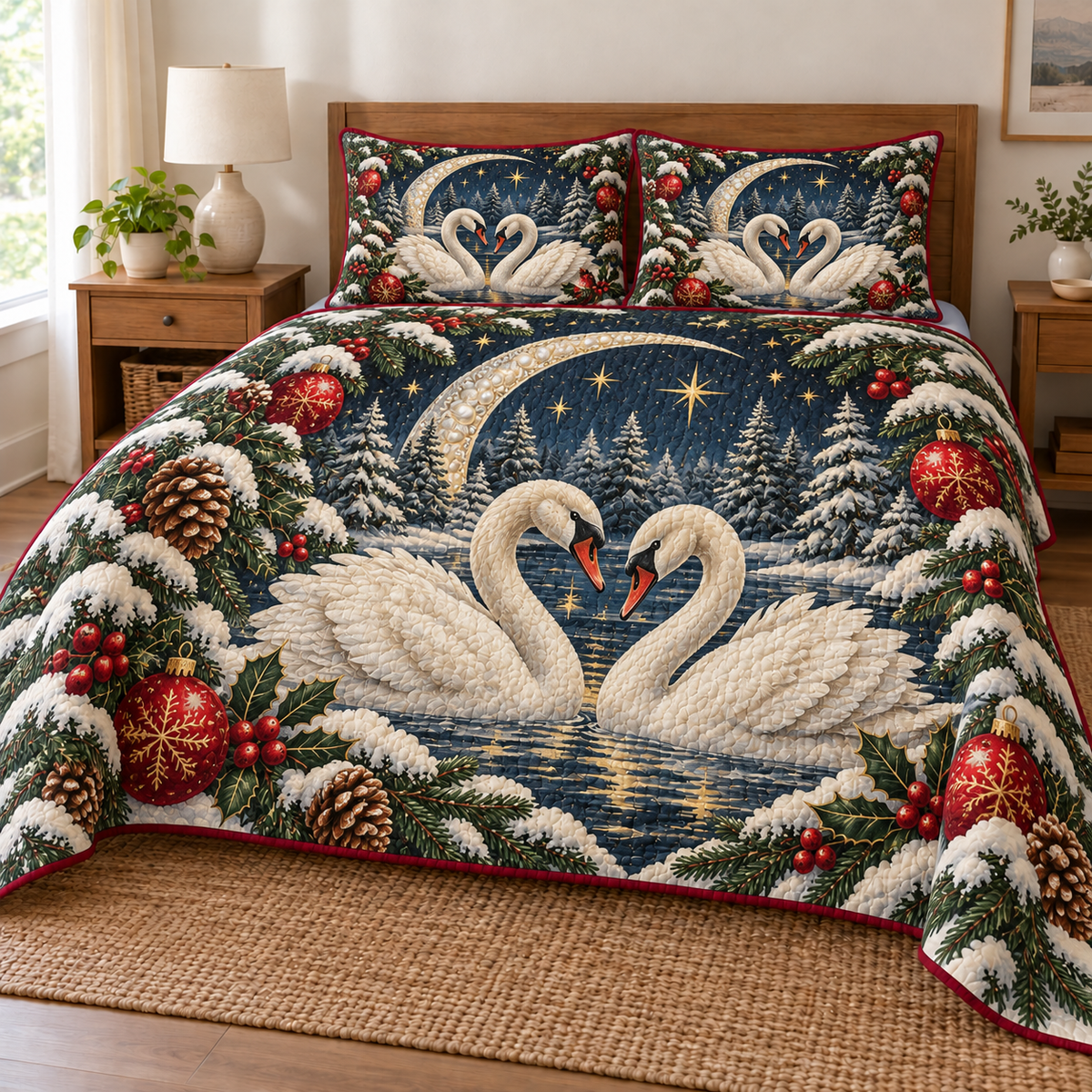 Swan Pearl Moon Arch printed Christmas quilt and two matching pillow shams; design mockup showing a flat printed depth effect.