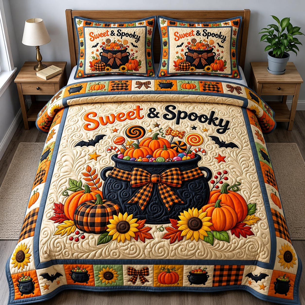 Sweet And Spooky Cauldron quilted 3-piece bedding set on a made bed against a dark styled interior