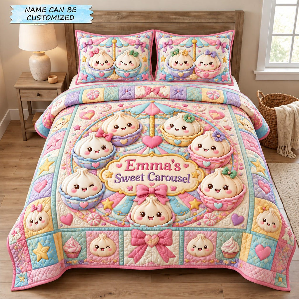 Sweet Dumpling Carousel 3-Piece Quilted Bedding Set QTCUZ quilted 3-piece bedding set on a made bed with two matching pillow shams