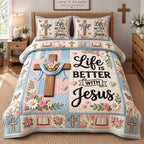 Sweet Jesus Blessings quilted 3-piece bedding set on a made bed in a softly lit bedroom
