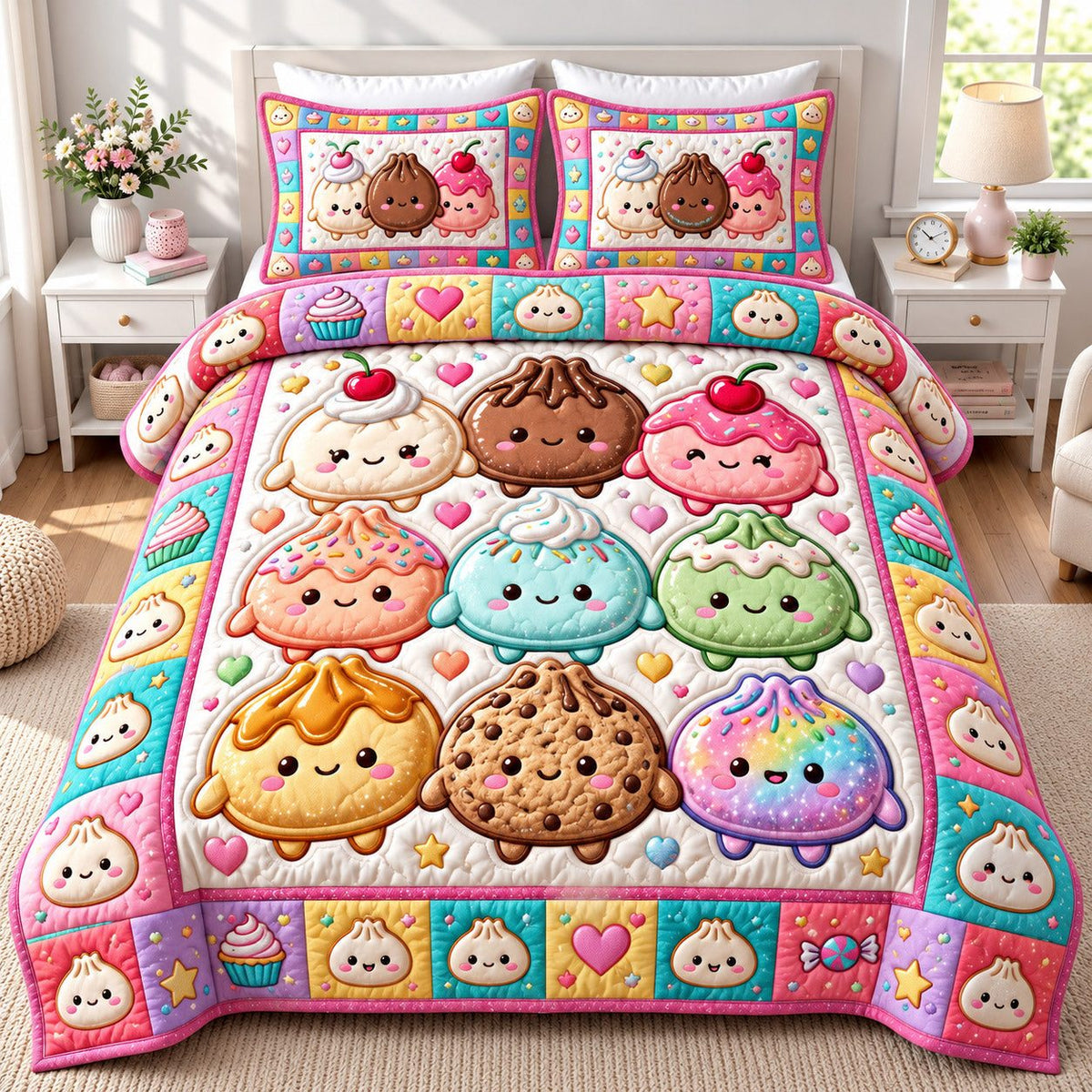 Sweet Treats Dumplings quilted 3-piece bedding set on a made bed with two matching pillow shams