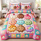 Sweet Treats Dumplings quilted 3-piece bedding set on a made bed with two matching pillow shams