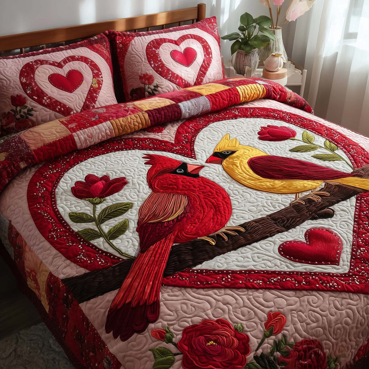 Sweet Union Cardinals quilted 3-piece bedding set on a made bed in a warmly lit bedroom