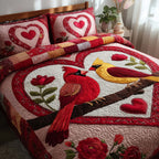 Sweet Union Cardinals quilted 3-piece bedding set on a made bed in a warmly lit bedroom