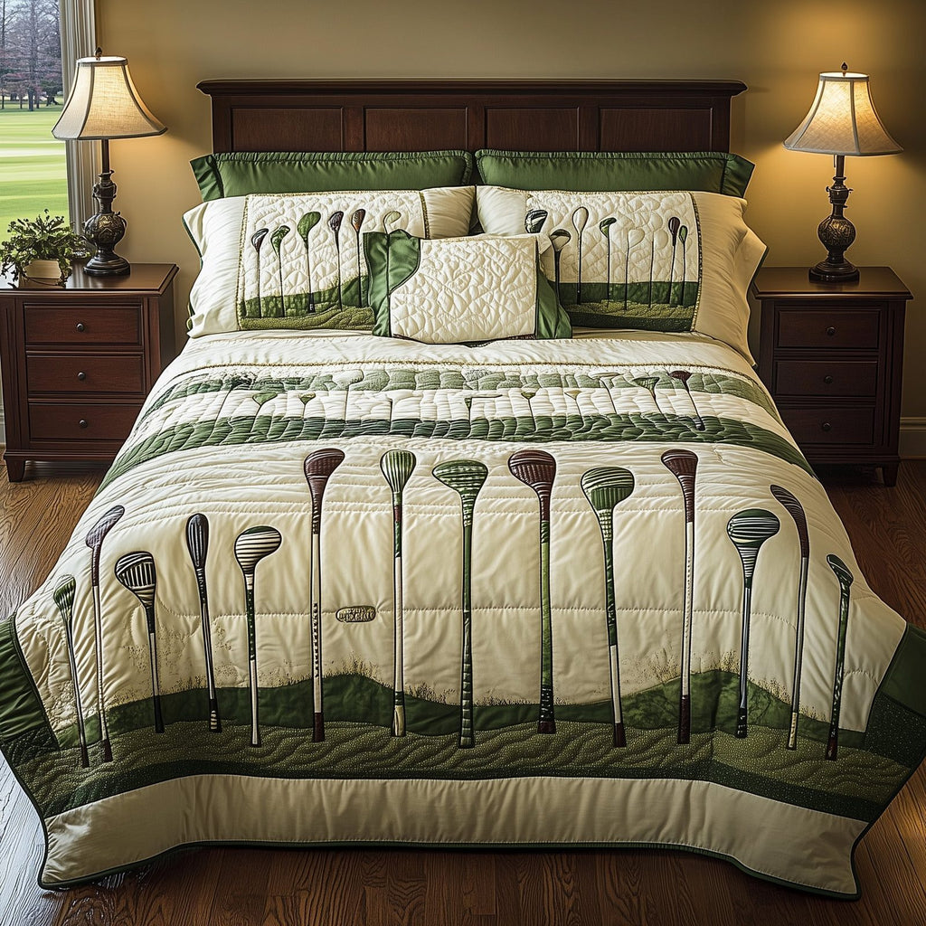 Swing Soulmates Green quilted 3-piece bedding set on a made bed with two matching pillow shams