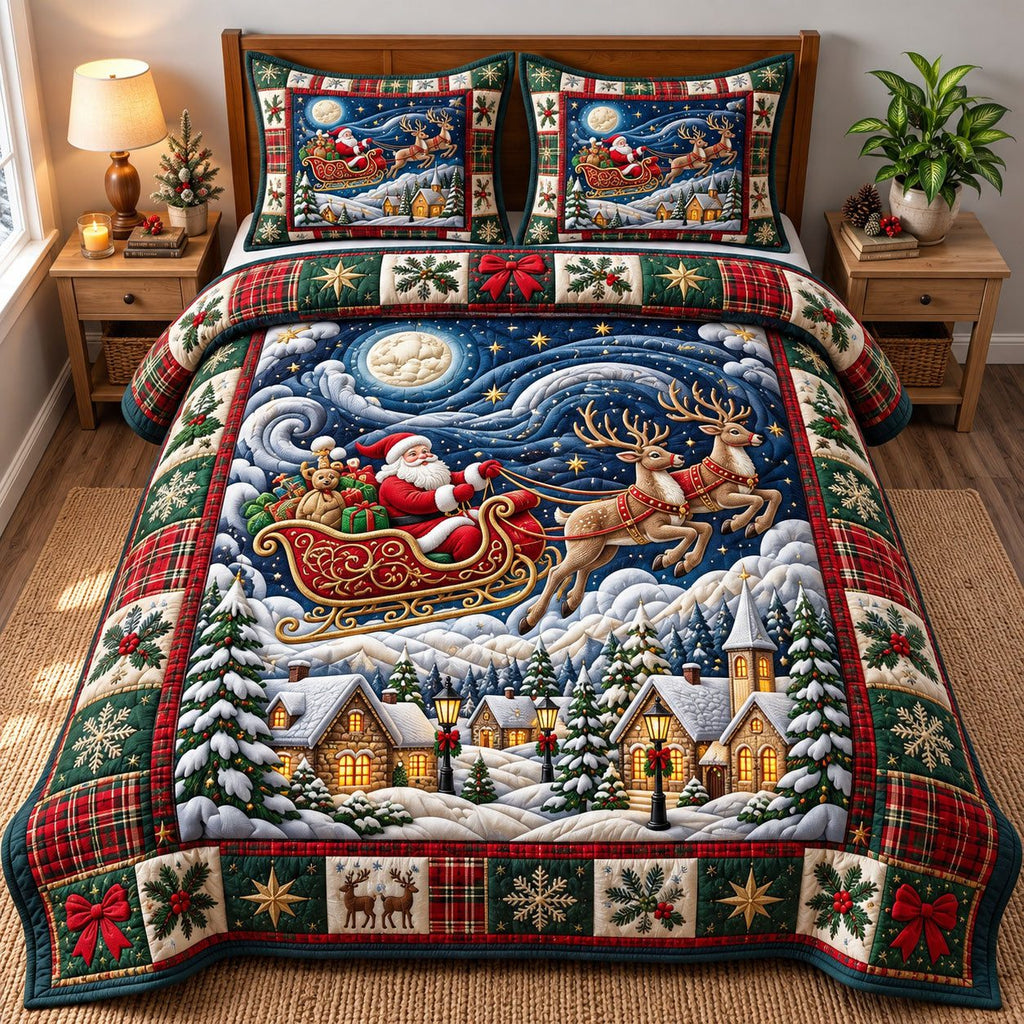 Swirl Ribbon Santa Claus quilted 3-piece bedding set on a made bed in a winter-styled bedroom