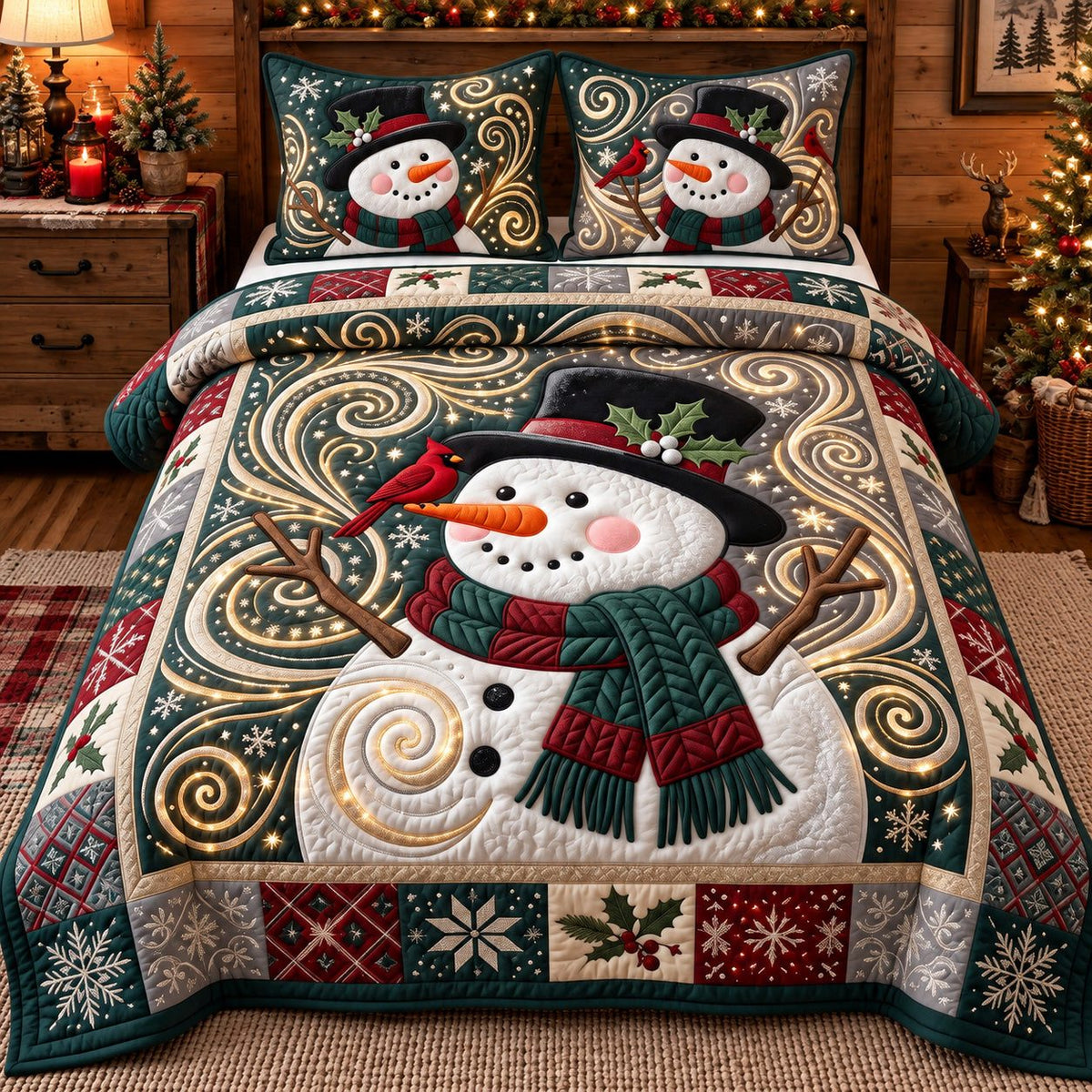 Swirl Scarf Festive Snowman quilted 3-piece bedding set on a made bed in a winter-styled bedroom
