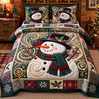 Swirl Scarf Festive Snowman quilted 3-piece bedding set on a made bed in a winter-styled bedroom