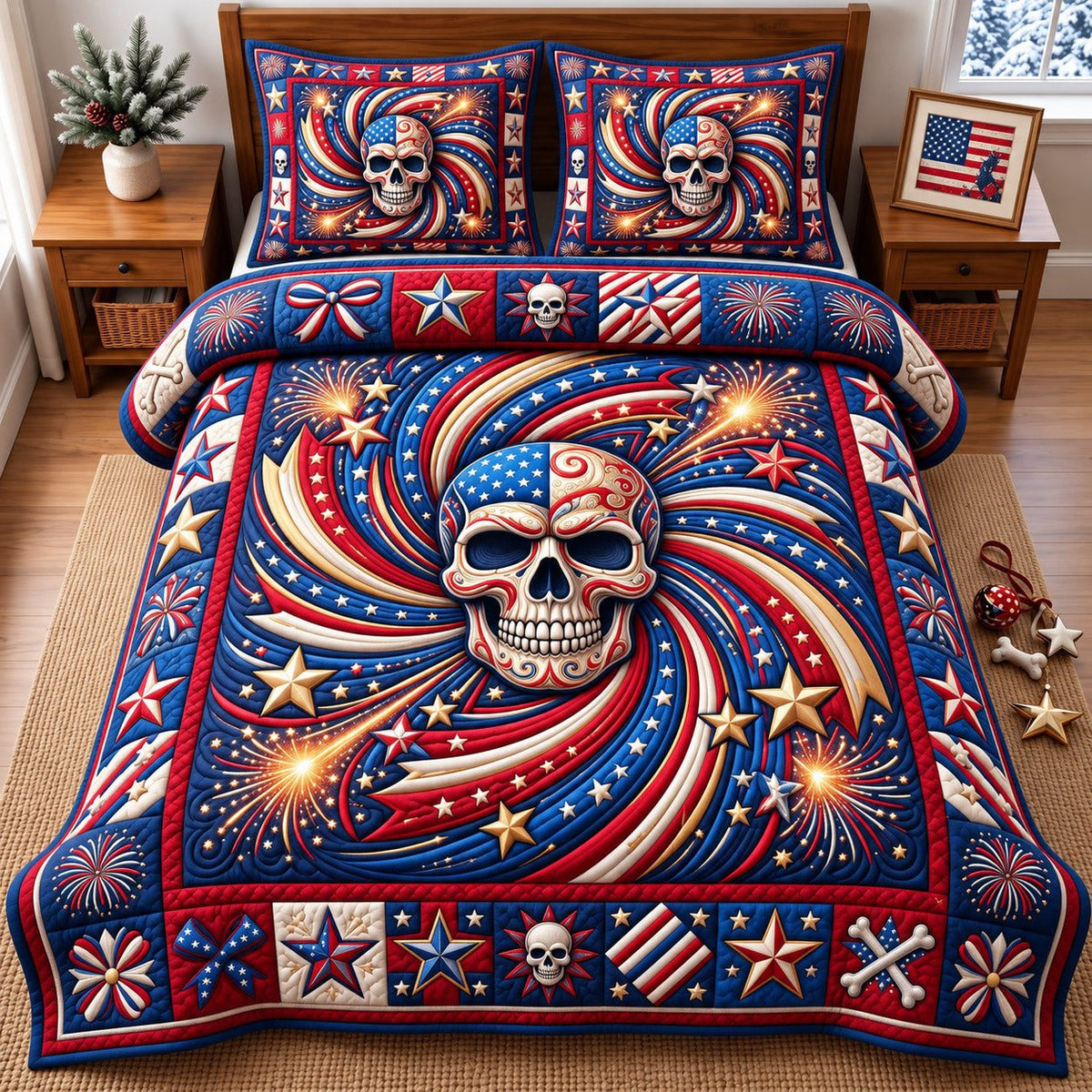 Swirling Flag Patriotic Skull quilted 3-piece bedding set on a made bed against a dark styled interior