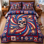 Swirling Flag Patriotic Skull quilted 3-piece bedding set on a made bed against a dark styled interior