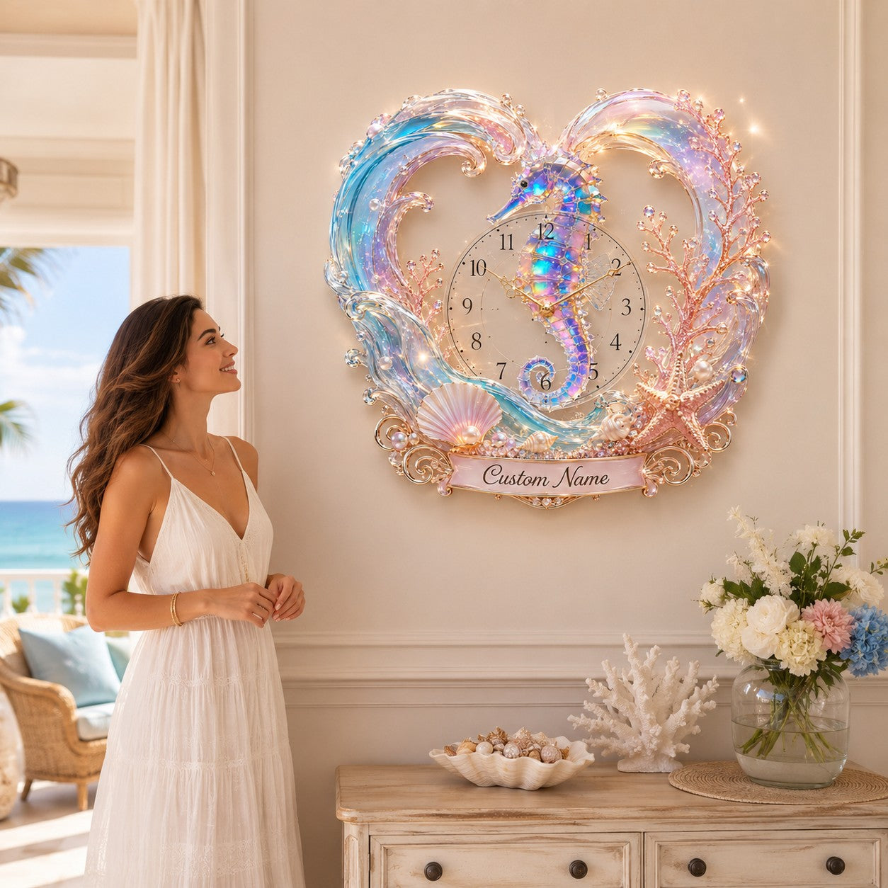 Seahorse Custom Name Wall Clock — personalized with a custom name