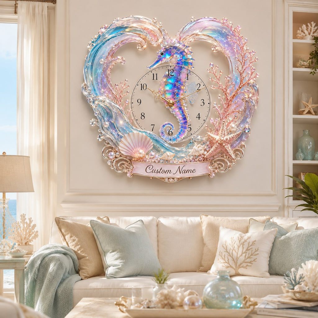 Seahorse Custom Name Wall Clock — personalized with a custom name