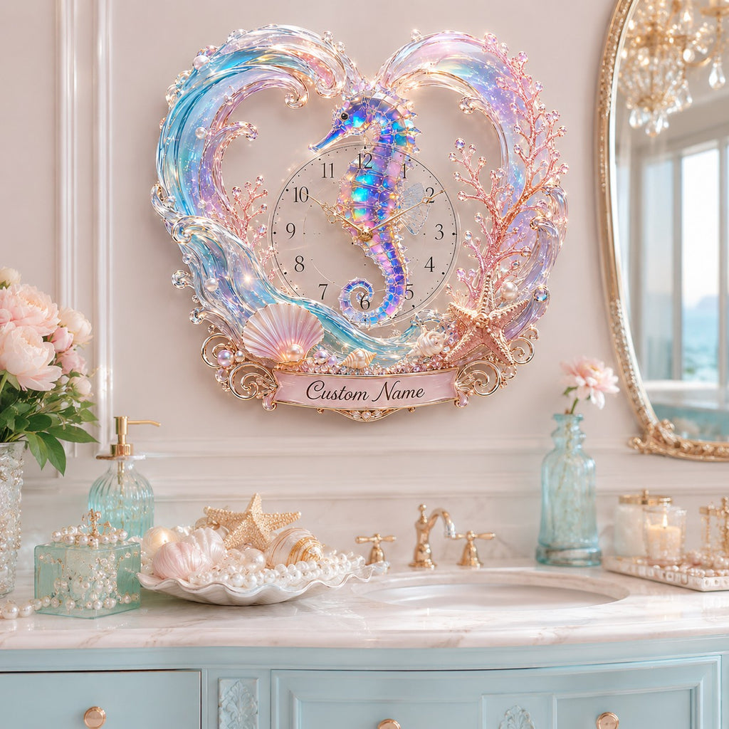 Seahorse Custom Name Wall Clock — personalized with a custom name