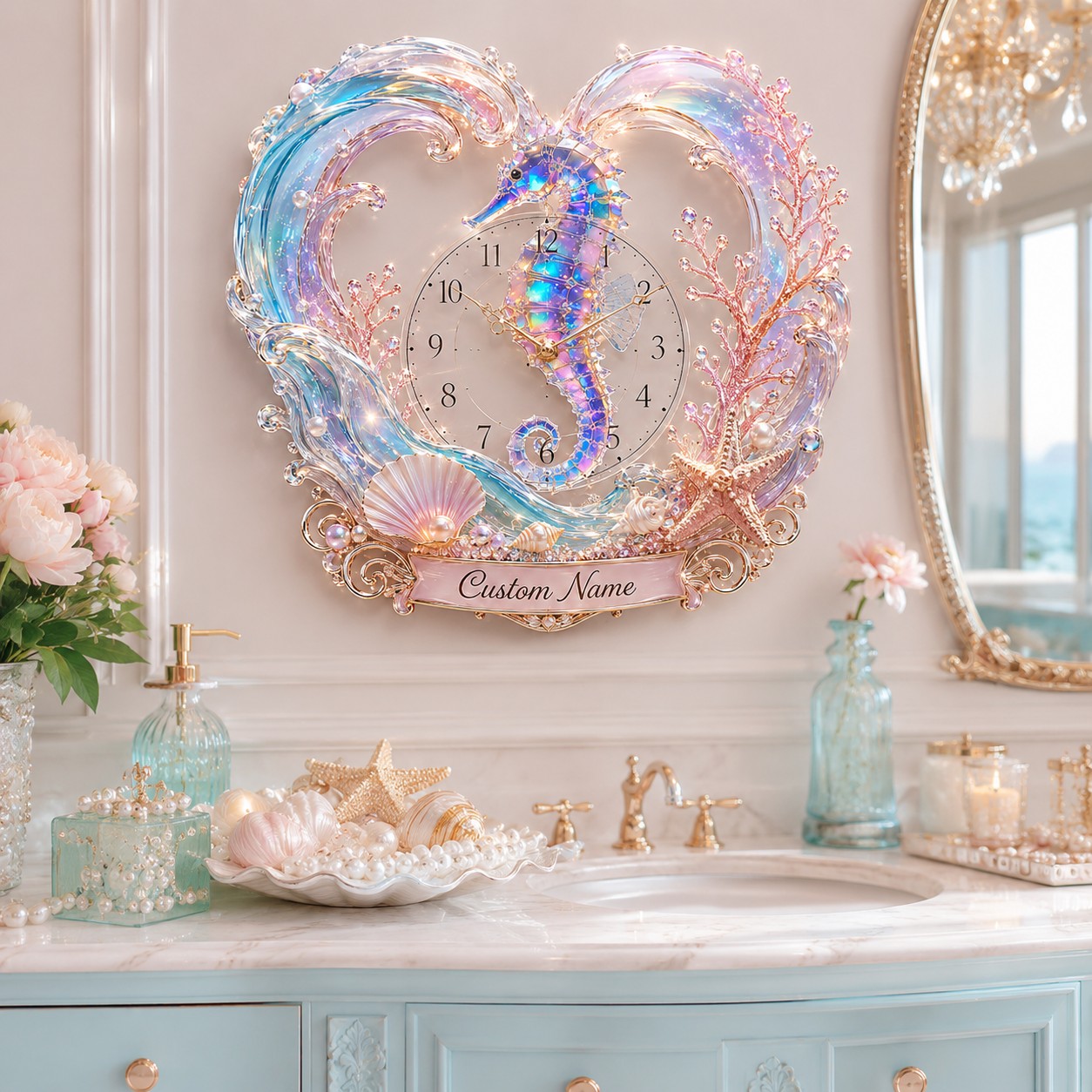 Seahorse Custom Name Wall Clock — personalized with a custom name