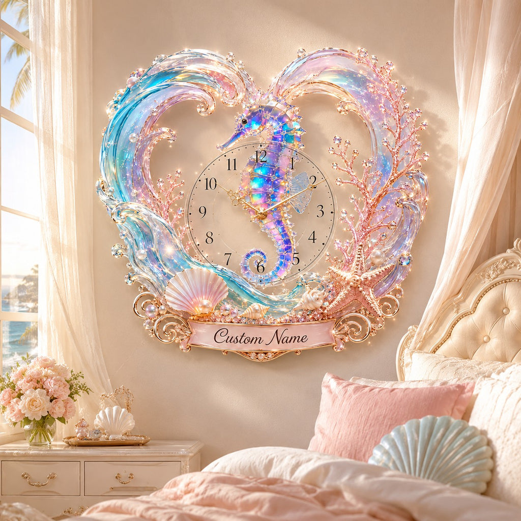 Seahorse Custom Name Wall Clock — personalized with a custom name