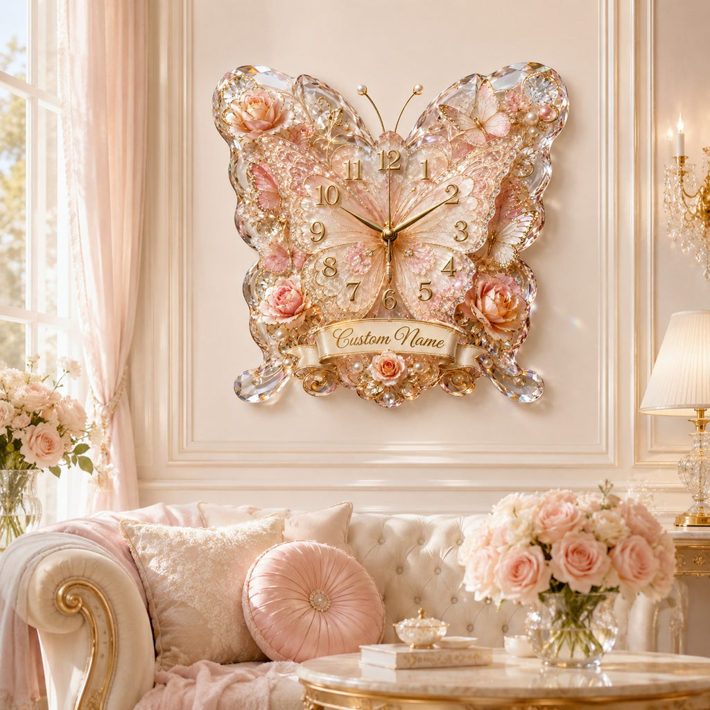 Butterfly Banner Custom Name Wall Clock — personalized with a custom name