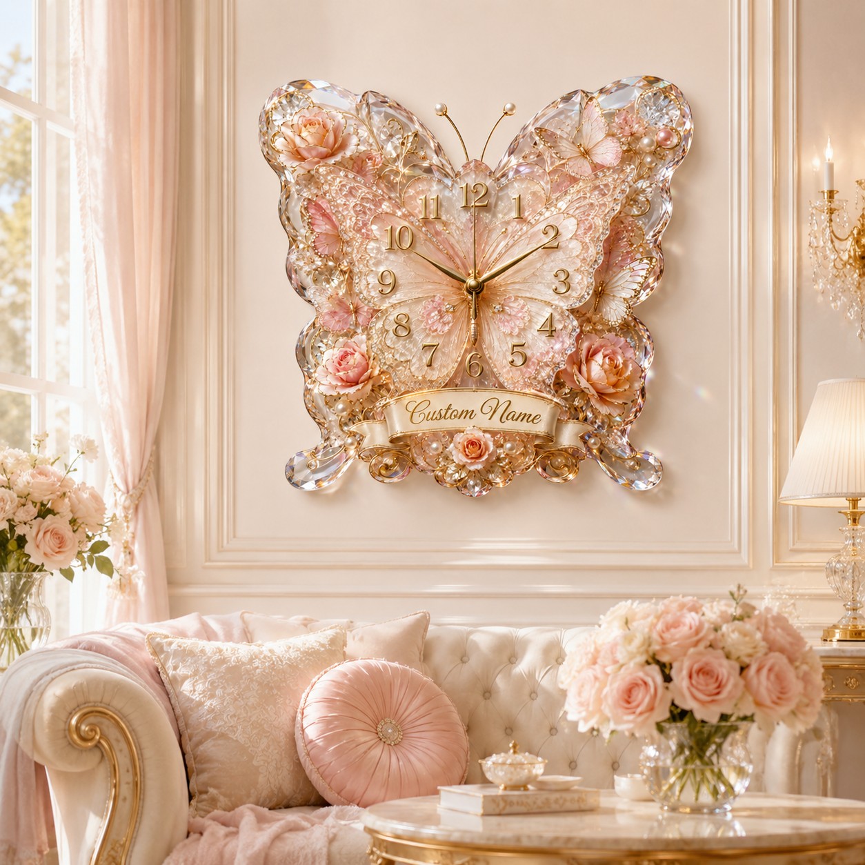 Butterfly Banner Custom Name Wall Clock — personalized with a custom name