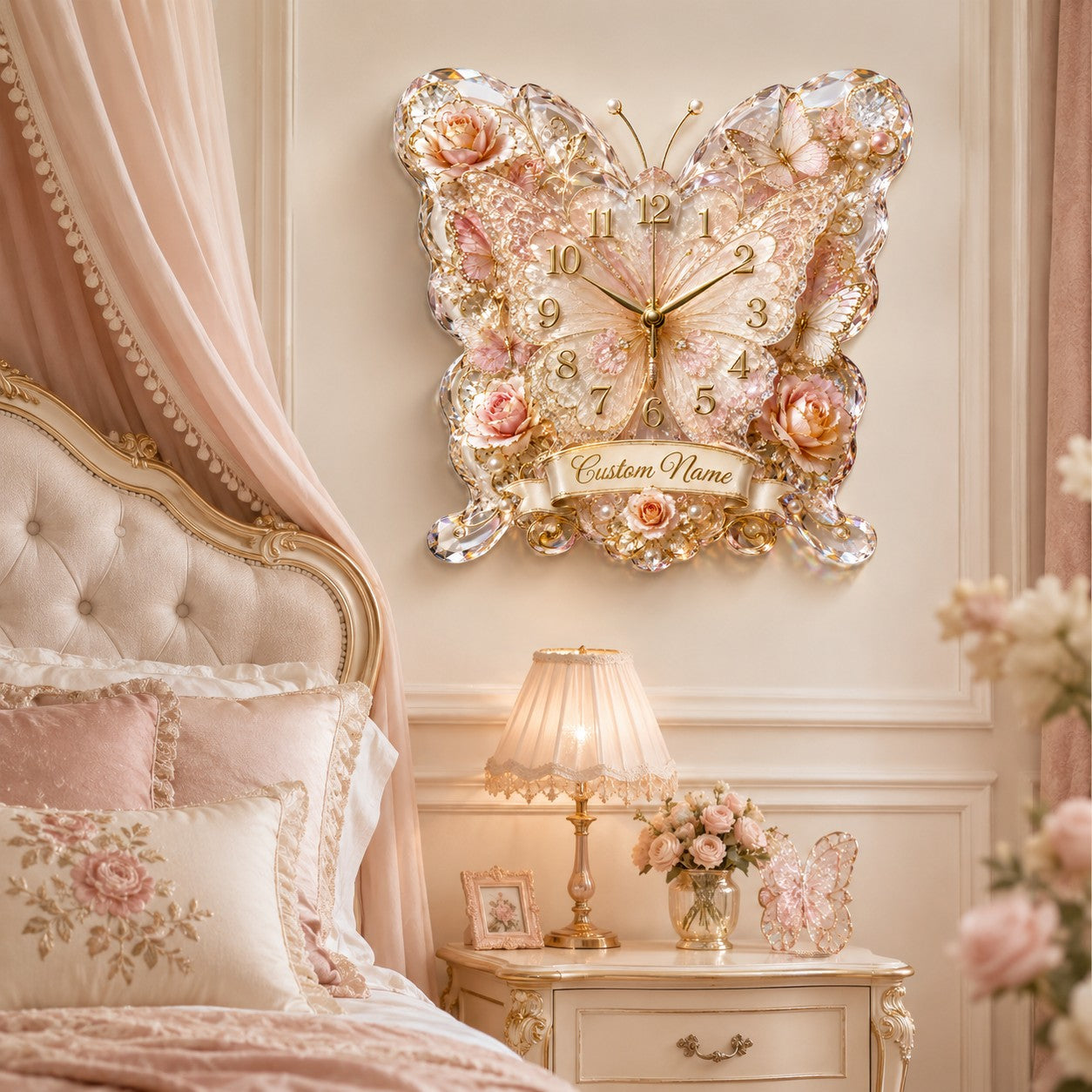 Butterfly Banner Custom Name Wall Clock — personalized with a custom name