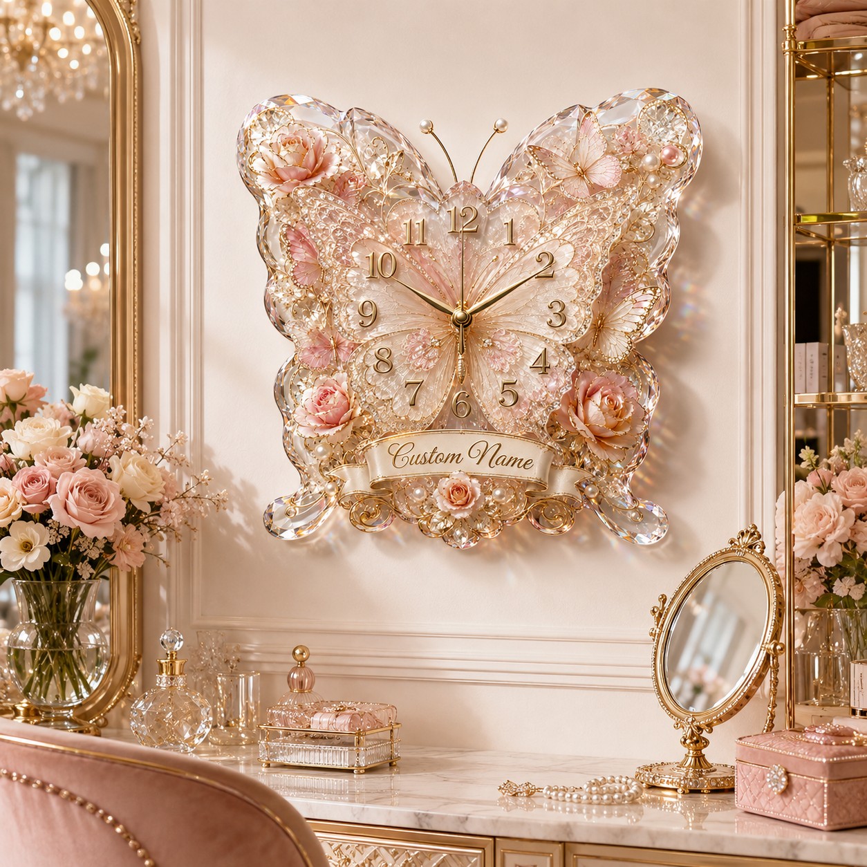 Butterfly Banner Custom Name Wall Clock — personalized with a custom name