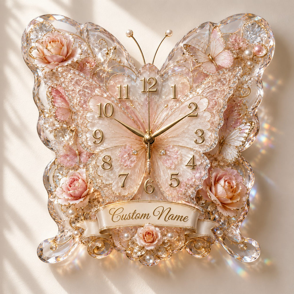 Butterfly Banner Custom Name Wall Clock — personalized with a custom name