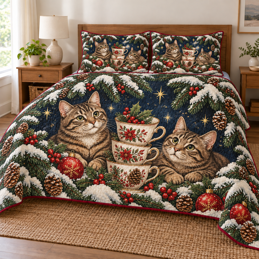 Tabby Cat Winter Teacup Tower printed Christmas quilt and two matching pillow shams; design mockup showing a flat printed depth effect.