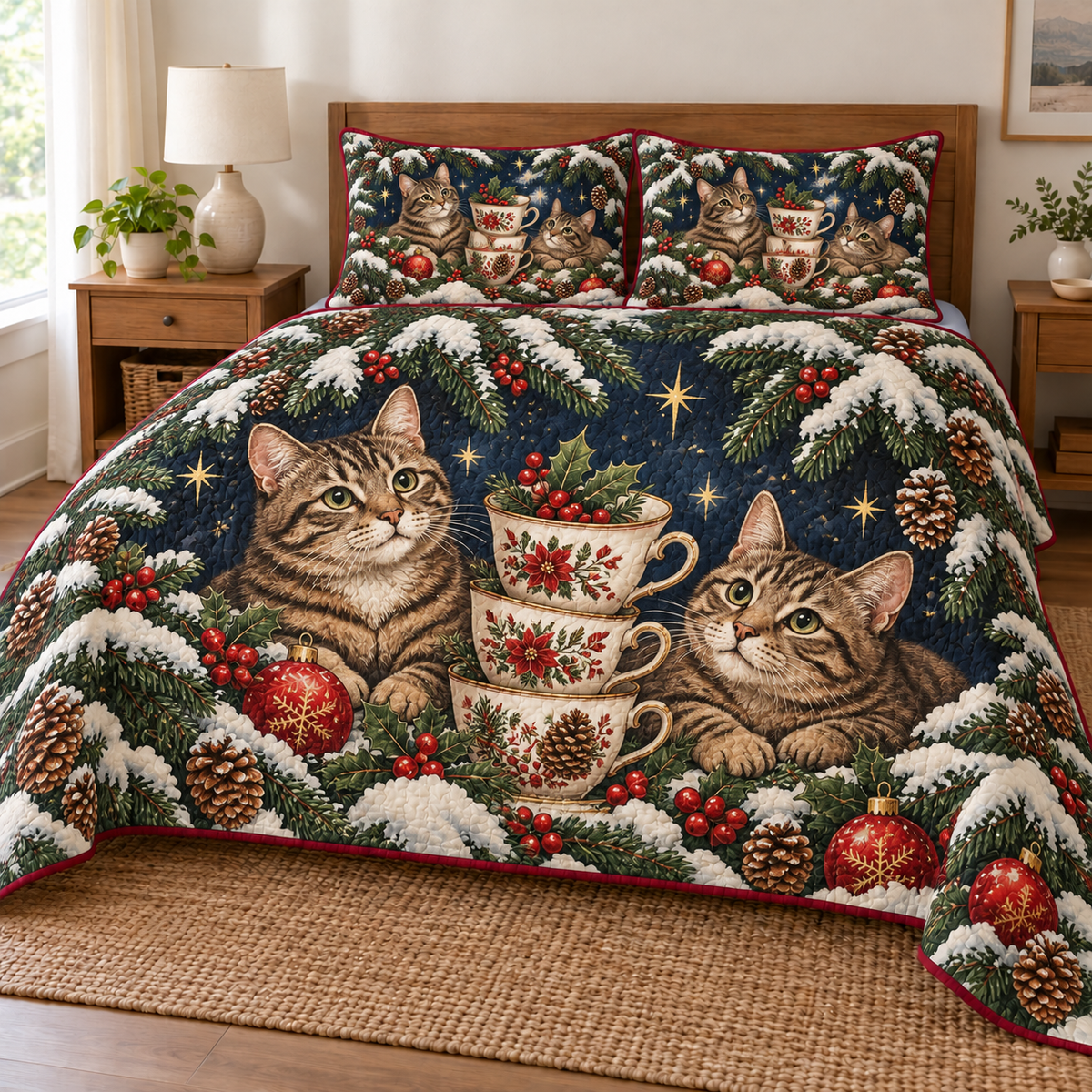 Tabby Cat Winter Teacup Tower printed Christmas quilt and two matching pillow shams; design mockup showing a flat printed depth effect.