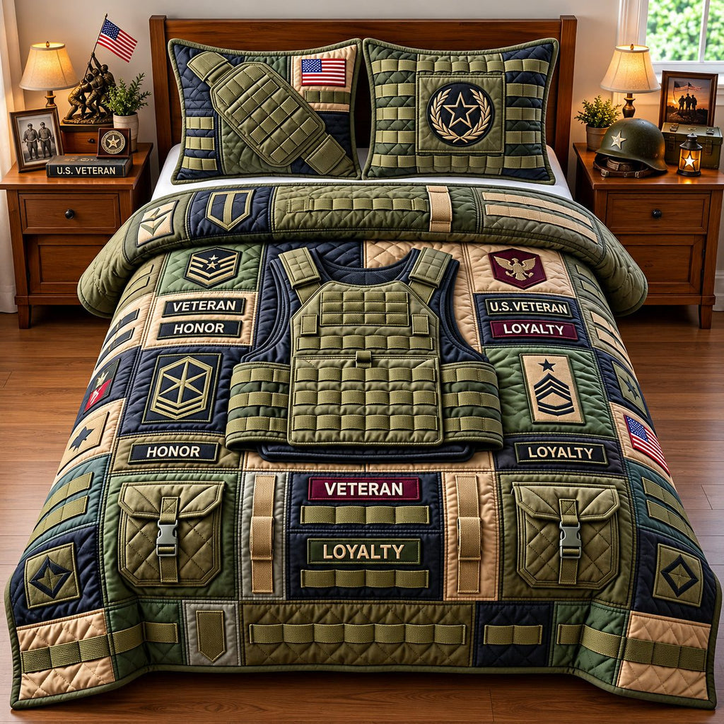 Tactical Vest Loyalty Veteran Pride quilted 3-piece bedding set on a made bed in a warmly lit bedroom