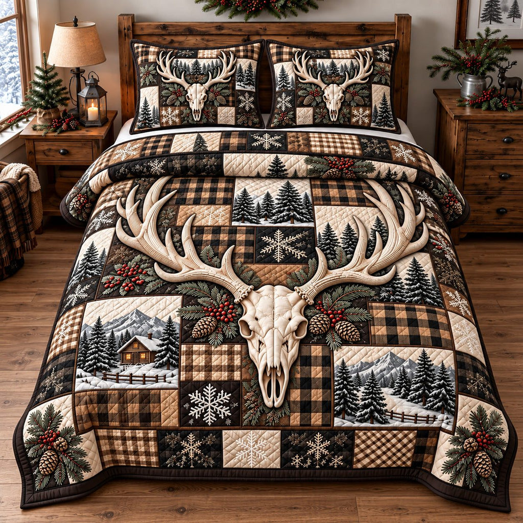 Tan Plaid Deer Skull quilted 3-piece bedding set on a made bed against a dark styled interior