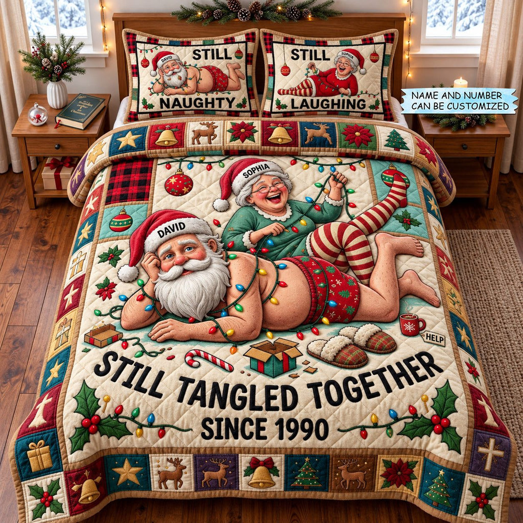 Tangled Together 3-Piece Quilted Bedding Set QTCUZ quilted 3-piece bedding set on a made bed with two matching pillow shams