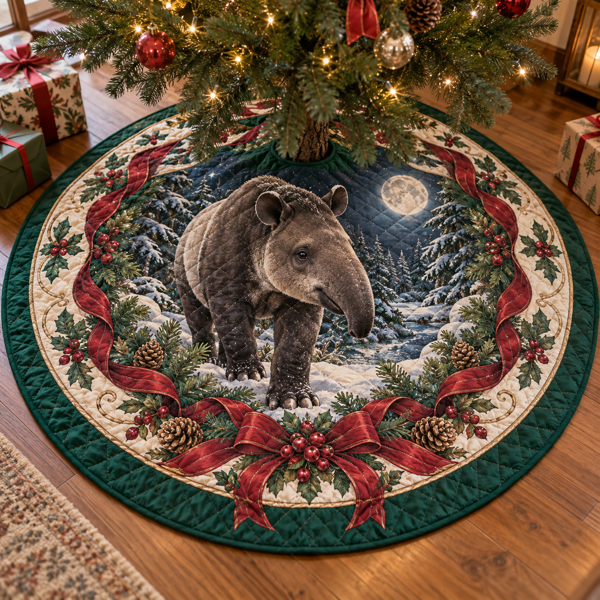 Tapir Quilted Christmas Tree Skirt — digital product visualization