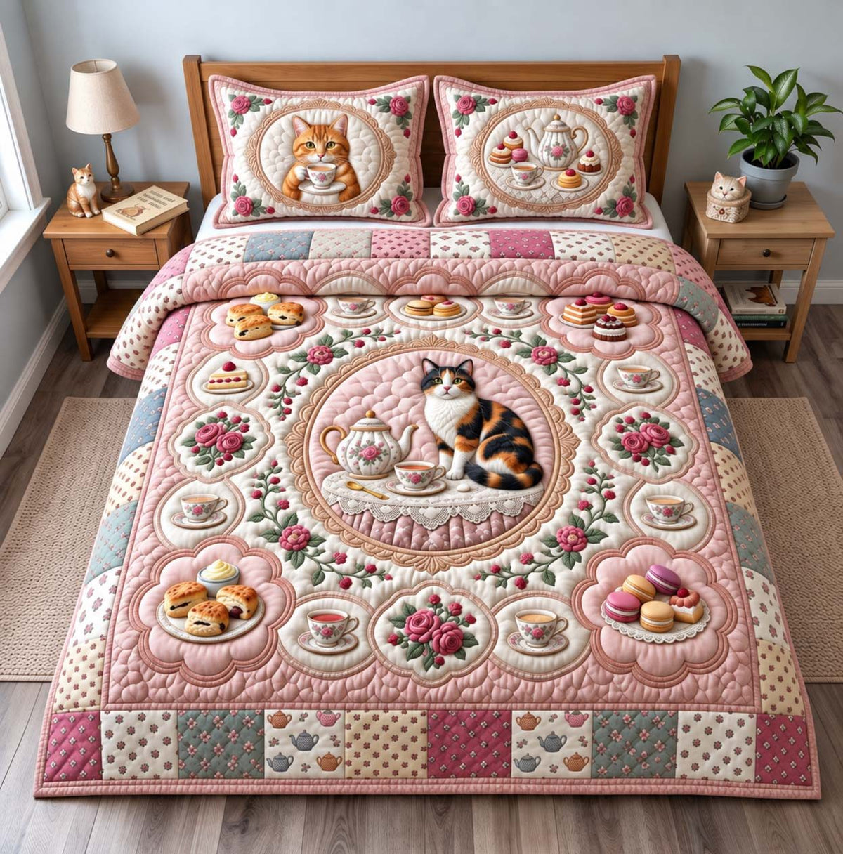 Tea Time quilted 3-piece bedding set on a made bed with two matching pillow shams