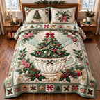 Teacup Christmas quilted 3-piece bedding set on a made bed in a winter-styled bedroom