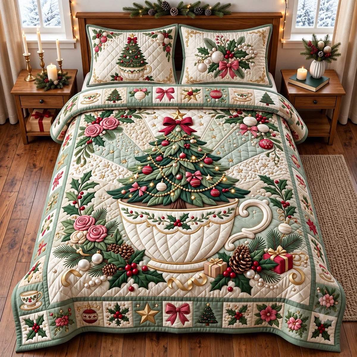 Teacup Christmas quilted 3-piece bedding set on a made bed in a winter-styled bedroom