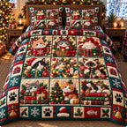 Teacup Kittens Patchwork quilted 3-piece bedding set on a made bed in a farmhouse bedroom