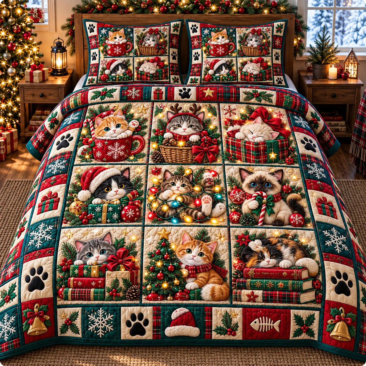 Teacup Kittens Patchwork quilted 3-piece bedding set on a made bed in a farmhouse bedroom