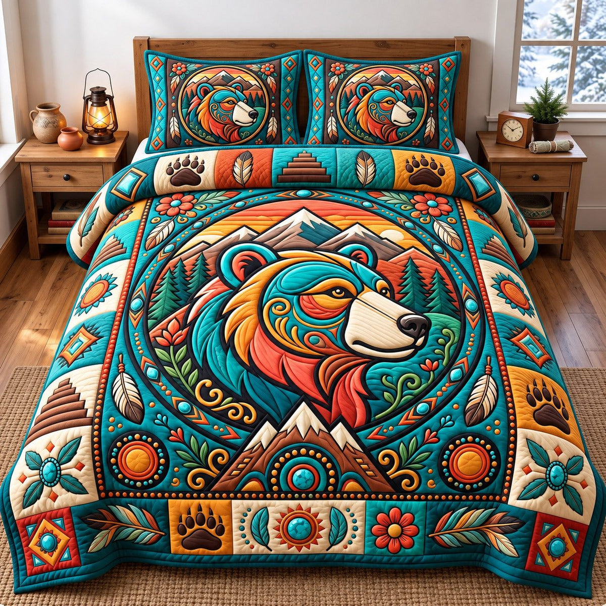 Teal Mountain Native Bear quilted 3-piece bedding set on a made bed with two matching pillow shams