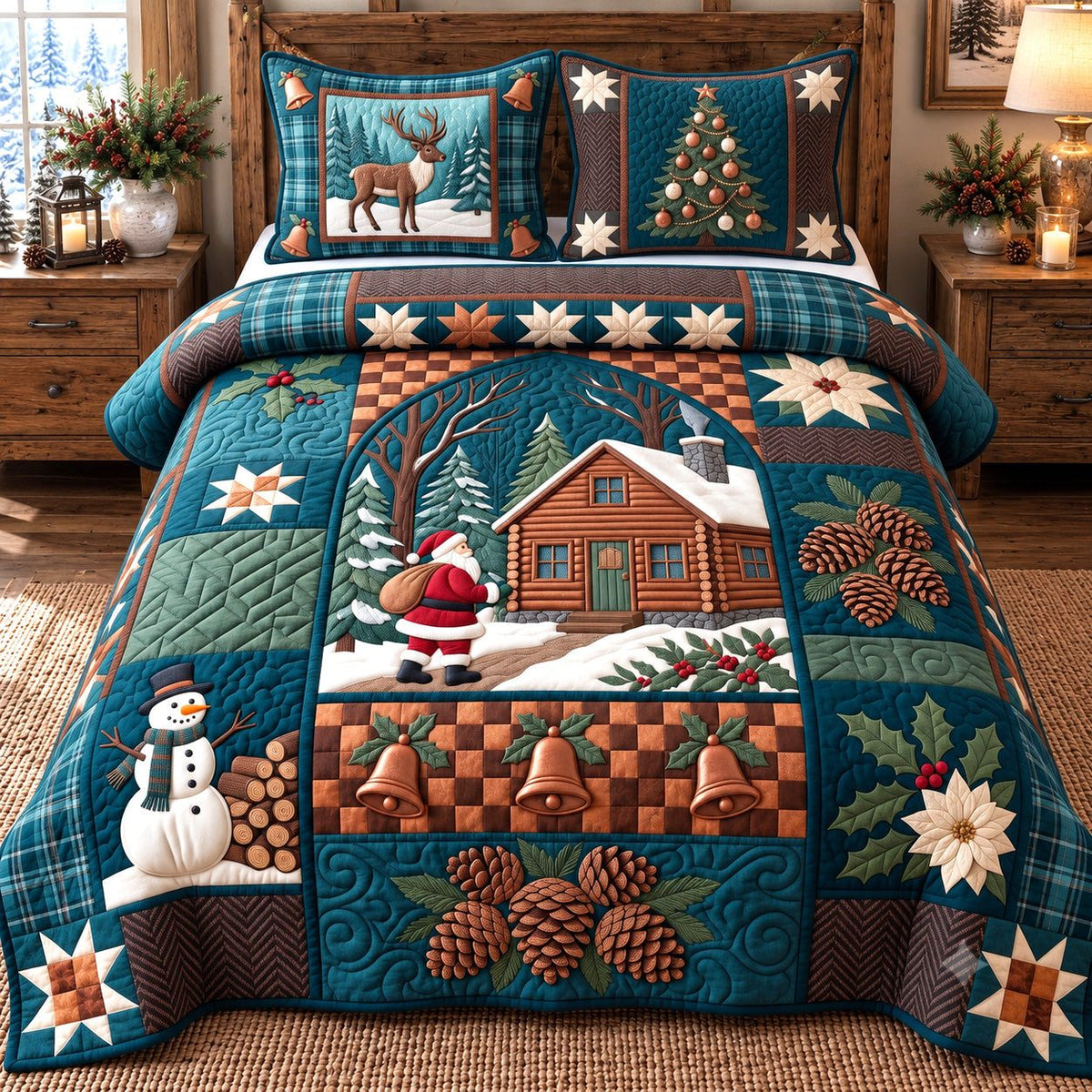 Teal Pinecone Festive Patchwork quilted 3-piece bedding set on a made bed in a winter-styled bedroom