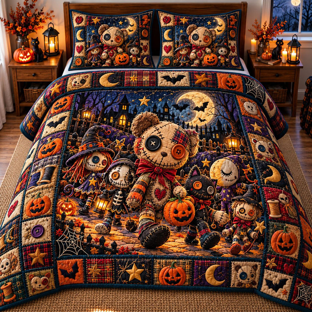 Teddy Voodoo Doll Pumpkin Patch quilted 3-piece bedding set on a made bed against a dark styled interior