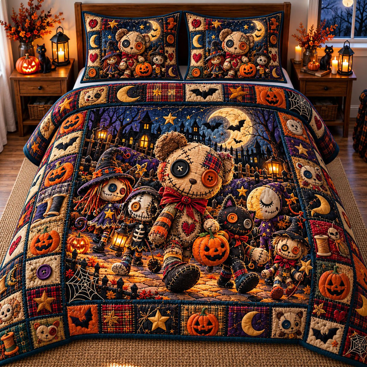 Teddy Voodoo Doll Pumpkin Patch quilted 3-piece bedding set on a made bed against a dark styled interior
