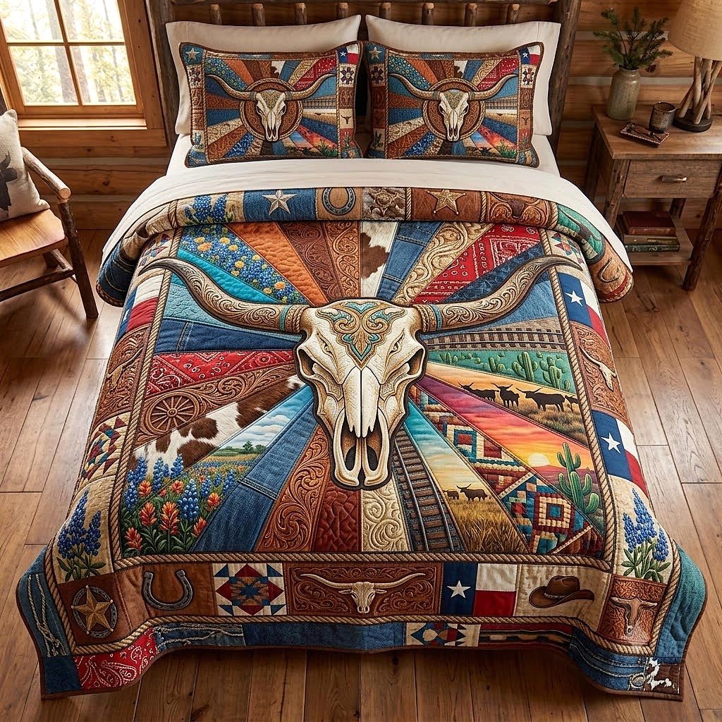 Texas Legacy Skull quilted 3-piece bedding set on a made bed against a dark styled interior