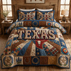 Texas Map Cream quilted 3-piece bedding set on a made bed in a rustic timber bedroom