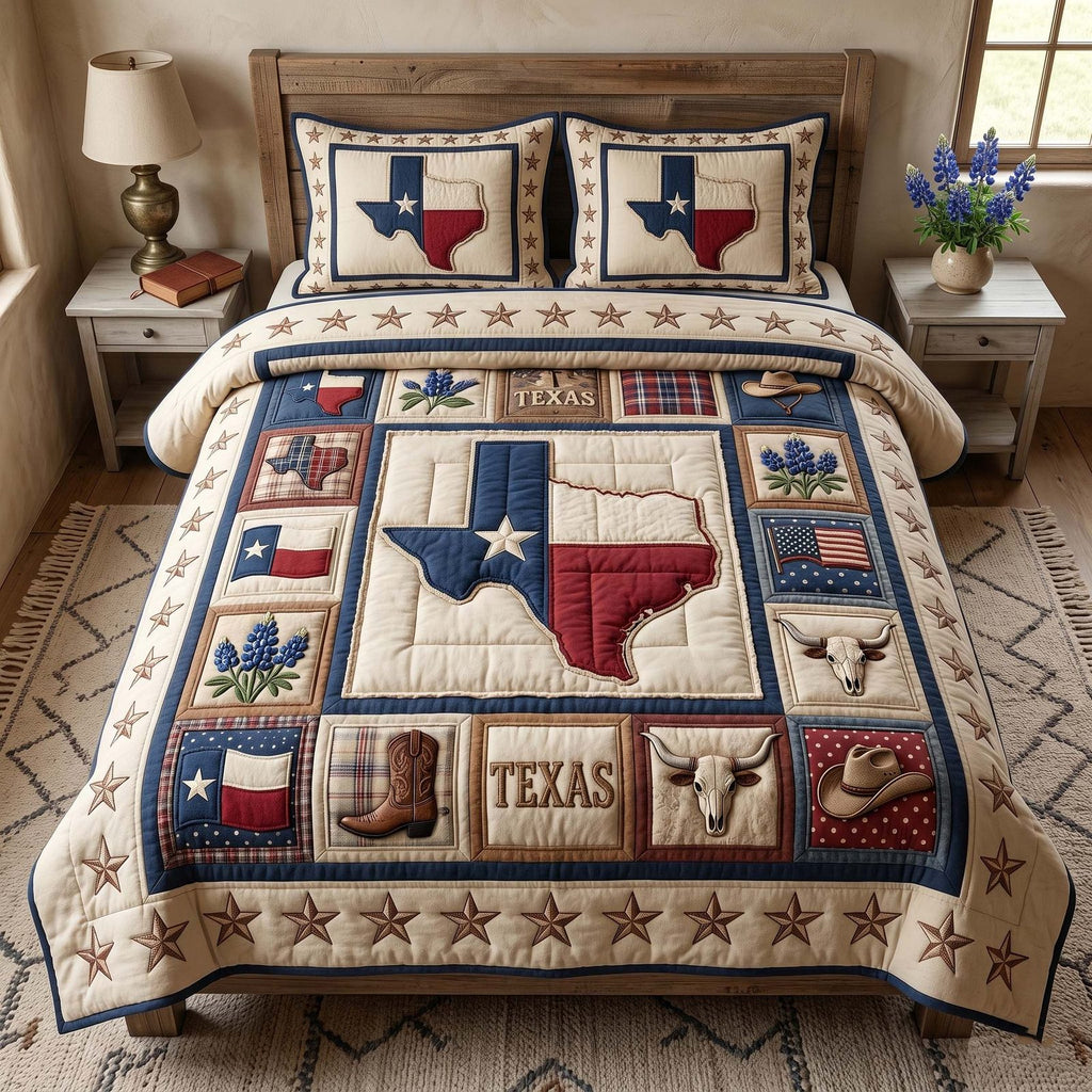 Texas Pride Cream quilted 3-piece bedding set on a made bed in a rustic timber bedroom
