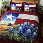 Texas Pride Flag quilted 3-piece bedding set on a made bed in a warmly lit bedroom